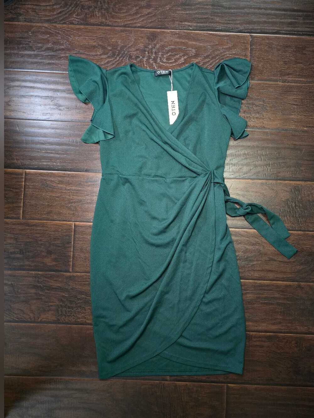 NWT Oten Womens Green Ruffle Sleeve V Neck Wrap Cocktail Dress Size Large